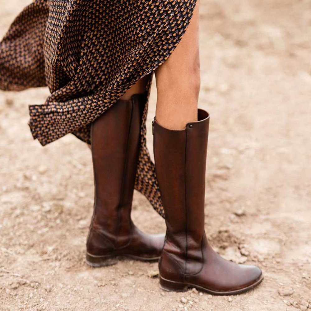 Frye Melissa Stud Brown Leather Back Zip Equestrian Riding Tall Knee High Boot - Picture 2 of 13